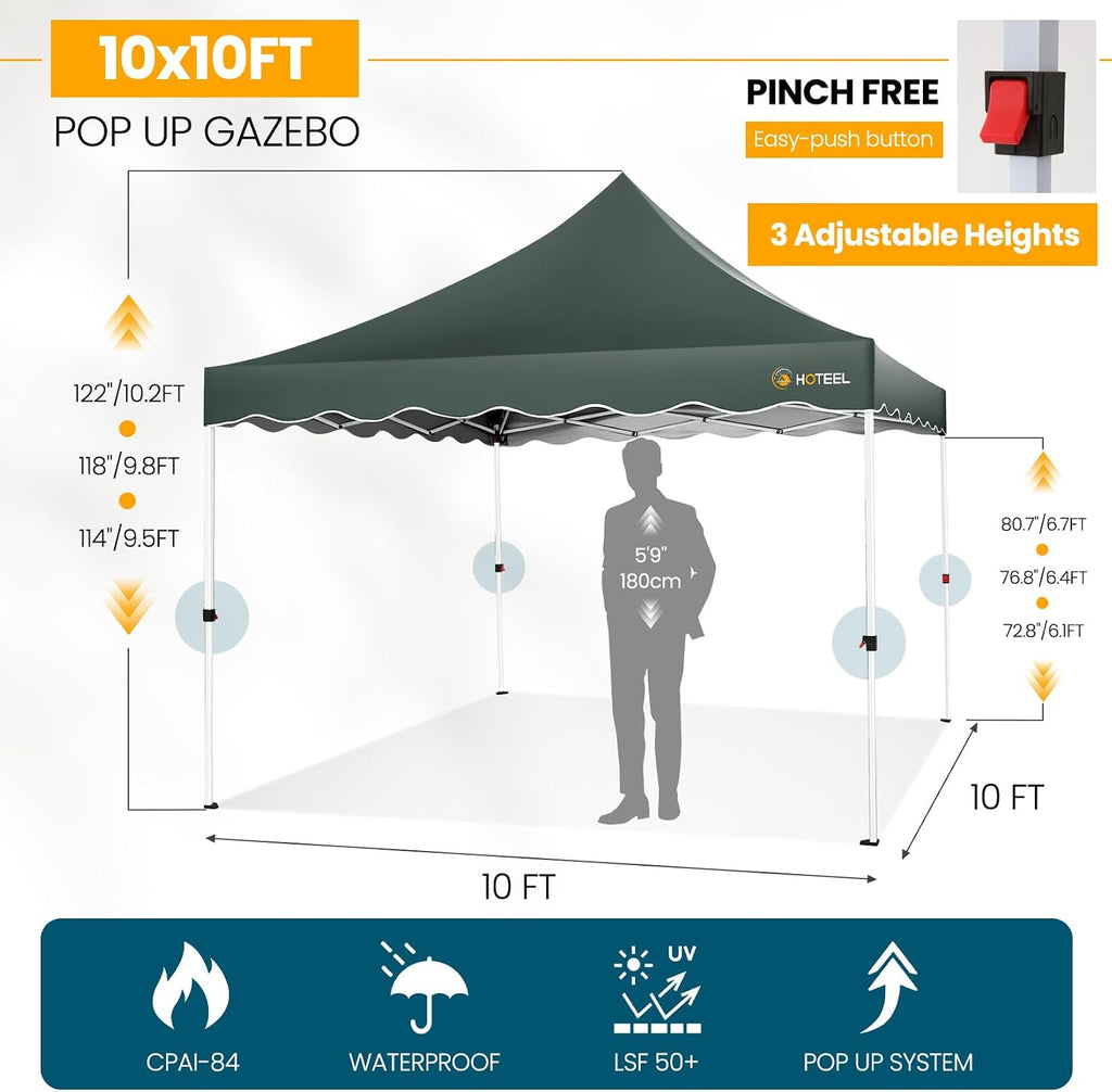 HOTEEL 10x10 Pop up Canopy Tent with 4 sidewalls Easy Up Commercial Outdoor Wedding Party Tents for Parties All Season Wind & Waterproof Gazebo Bag, Gray