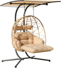 Double Egg Chair with Foldable Stand/Adjustable Canopy 2 Person Outdoor Hammock Swing Chair UV Resistant Removable Cushions for Outdoor Patio Balcony Garden (Beige)