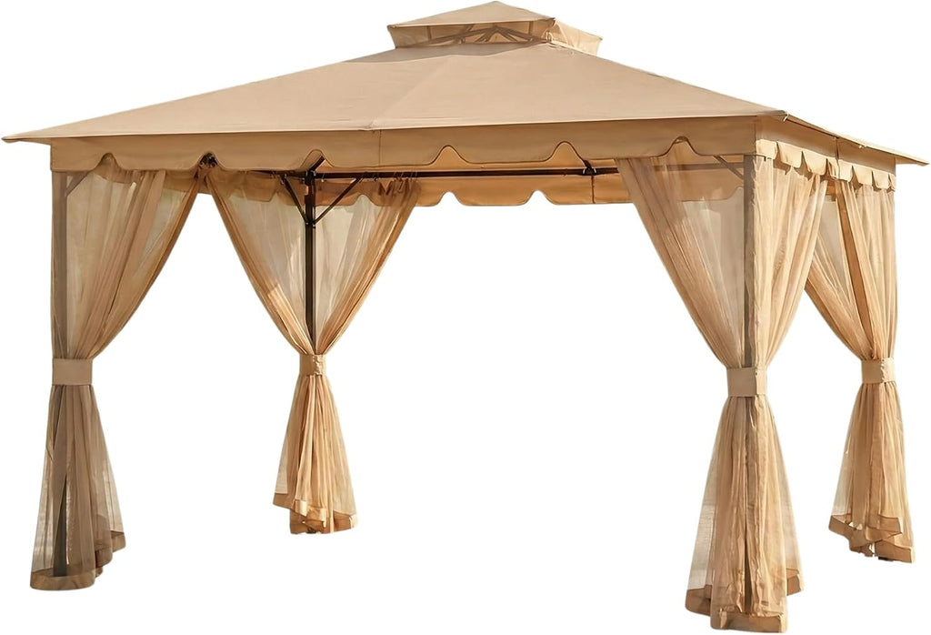 Garden Winds Reinforced RipLock 350 Replacement Canopy Top and Netting Set Compatible with Hampton II 10' x 12' Gazebo Model L-GZ215PST-5B – Beige