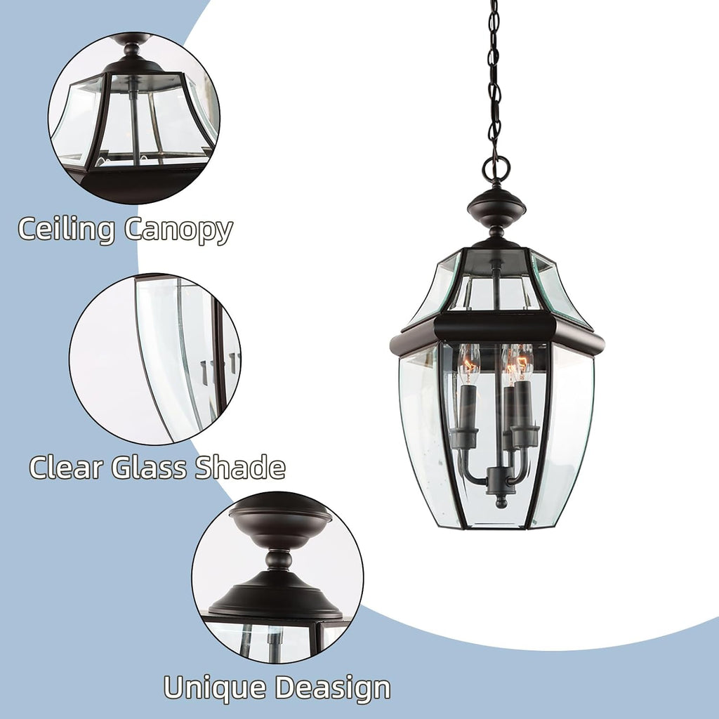 Large Outdoor Pendant Light Fixture 3-Light, 20in Modern Bronze Outdoor Chandelier Hanging Porch Light, Metal Exterior Ceiling Mount Hanging Lantern with Clear Glass for Front Door, Entrance, Gazebo