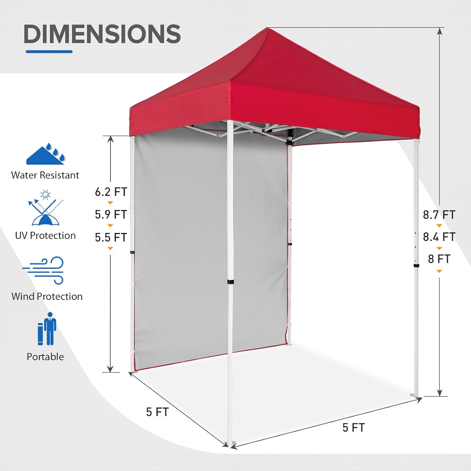 EAGLE PEAK Pop up Canopy 5x5, Outdoor Portable Canopy Tent with One Removable Sunwall, Carry Bag Included, Red