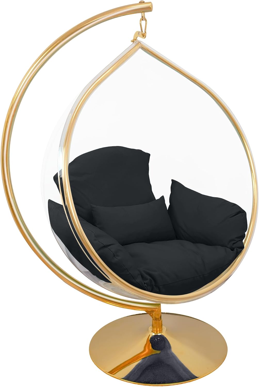 Hanging Chair - Transparent Acrylic Bubble, Waterdrop Shape, Indoor Swing Chair with Gold/Chrome Stand, Durable Fabric Cushion - Luxury Accent for Living Room, Bedroom (Gold/Black)