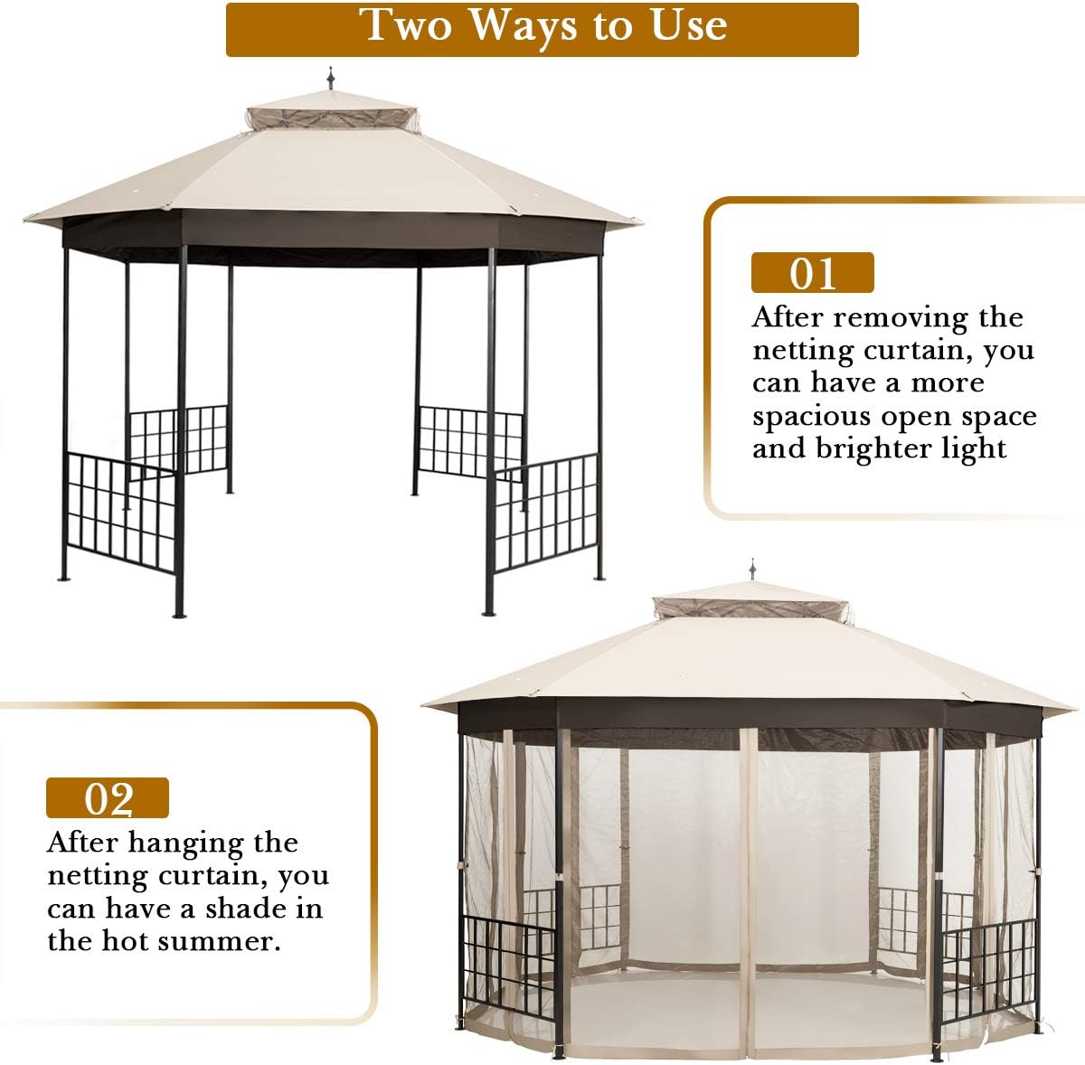 Tangkula 10 x 12 Ft Patio Gazebo, Heavy Duty Octagonal Canopy Gazebo w/Netting Sidewalls and Sturdy Steel Frame, Double Roof Vented Gazebo Canopy Shelter for Backyard Event Party BBQ (Beige)