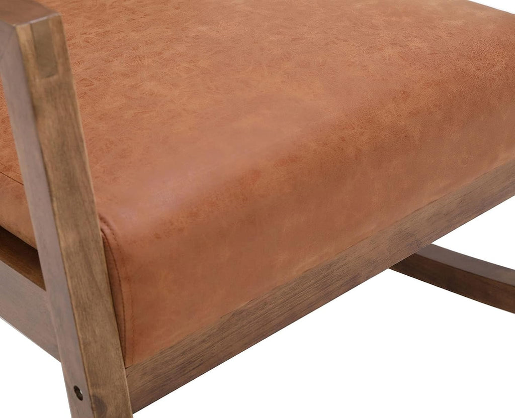 VESCASA Brown Faux Leather Rocking Chair with Channel-Tufted Back, Mid-Century Modern Comfy Rocker with Walnut Wood Frame for Nursery Living Room Bedroom Indoor, Burnt Orange Upholstered Chair