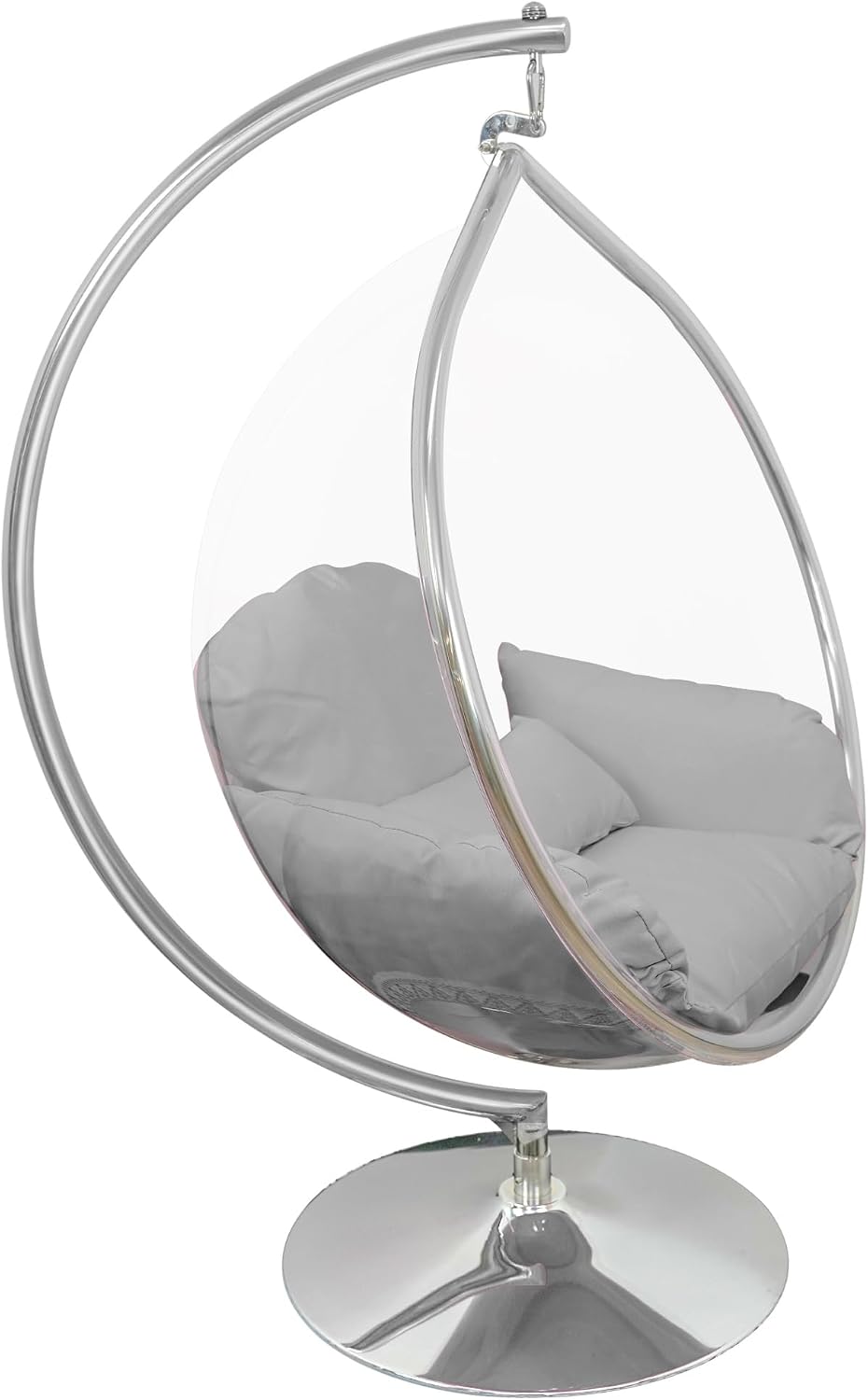 Hanging Chair - Transparent Acrylic Bubble, Waterdrop Shape, Indoor Swing Chair with Gold/Chrome Stand, Durable Fabric Cushion - Luxury Accent for Living Room, Bedroom (Chrome/Gray)