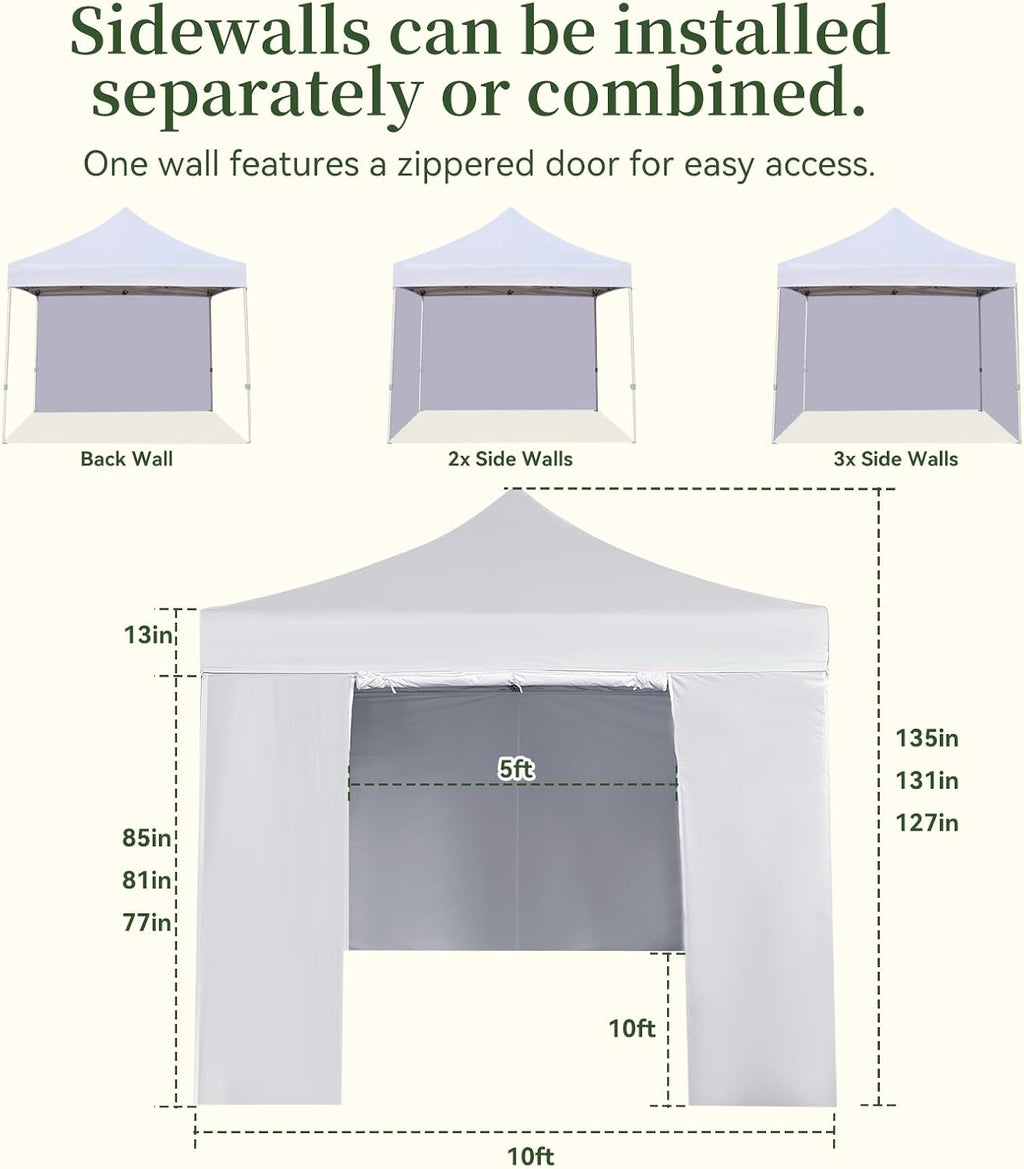Easy 10x10 Pop Up Canopy Tent with 4 Sidewalls, Heavy Duty Commercial Use, Peak Tensioner Frame, Industry-Leading 3000mm Waterproof, 500D Silver Coated, Wheeled Bag, Sandbags, Stakes & Ropes, White
