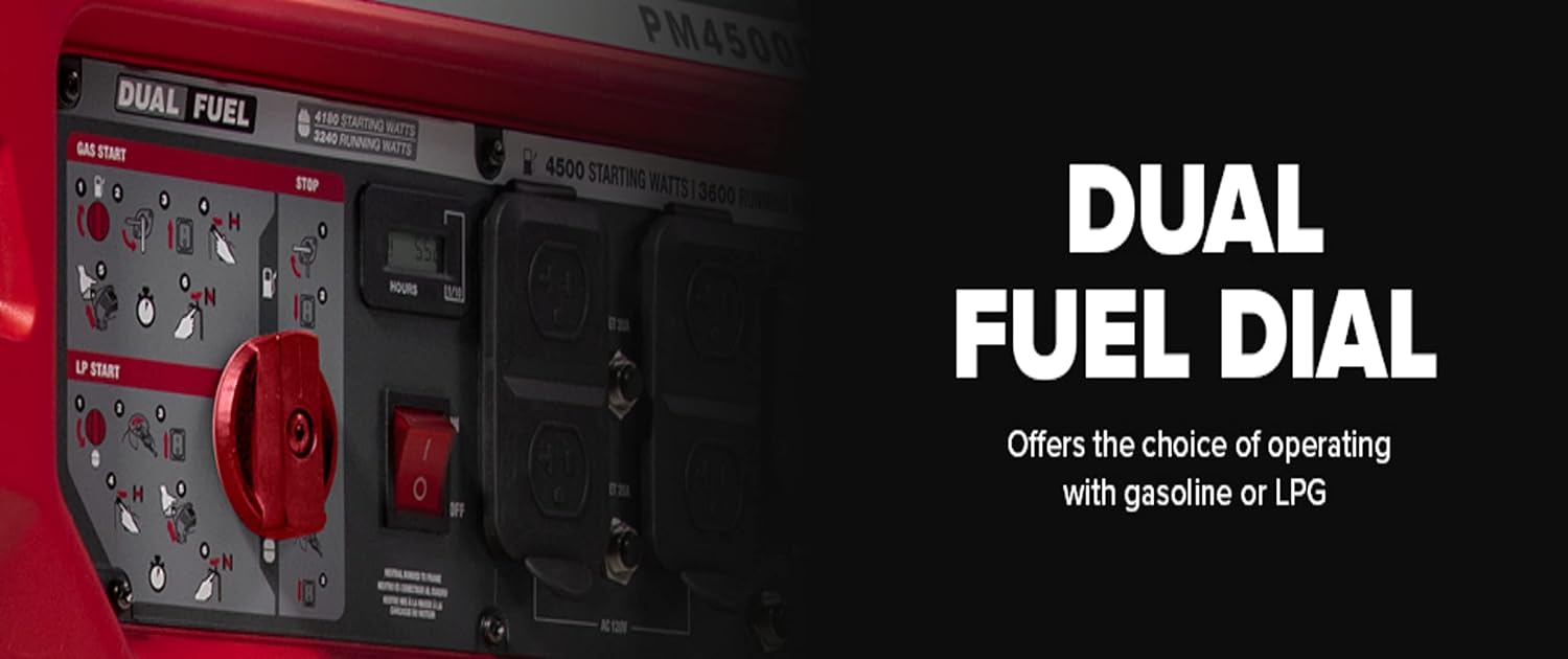 Powermate PM4500 4,500-Watt Dual-Fuel Compatible Portable Generator - Gas and Propane - COsense Technology - Reliable Power Solution for Home, Camping, and Emergency Backup - 49 State/CSA - Red/Black