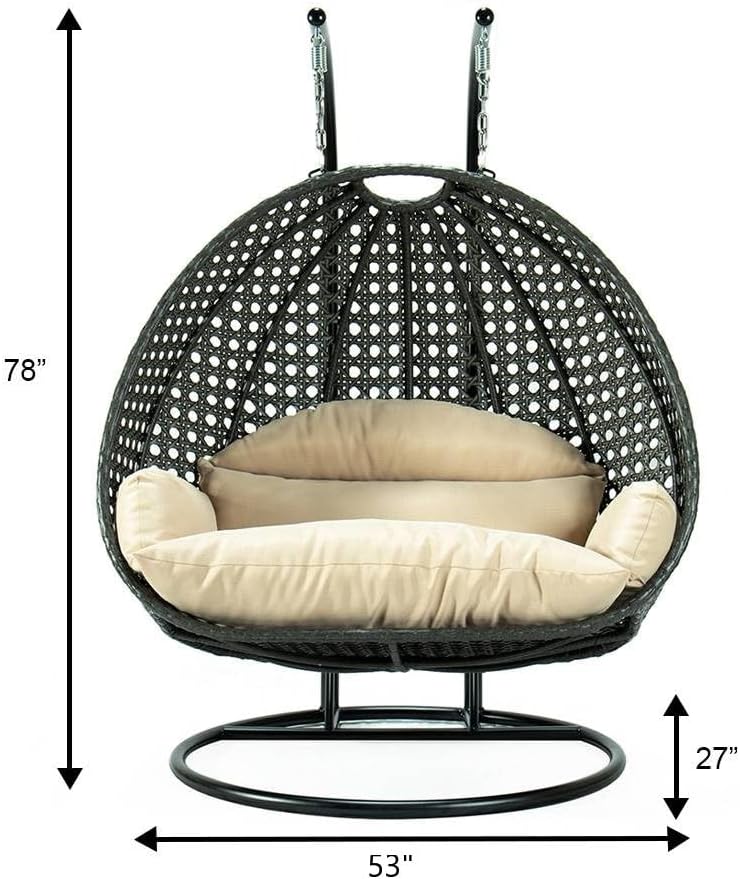 LeisureMod 2 Person Wicker Hanging Egg Chair with Stand & UV-Resistant Cushions for Indoor/Outdoor, Patio, Lounge, Hammock Seat, Beige