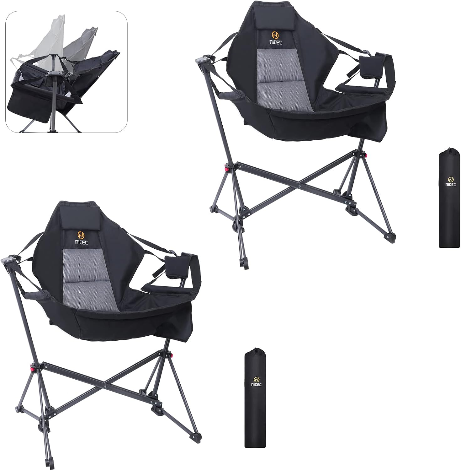 Nice C Hammock Camping Chair, Outdoor Camping Chair Rocker, Portable Swinging Sports Chair, High Back with Stand, Cup Holder, Side Pocket, Heavy Duty, Sport (2-Pack)