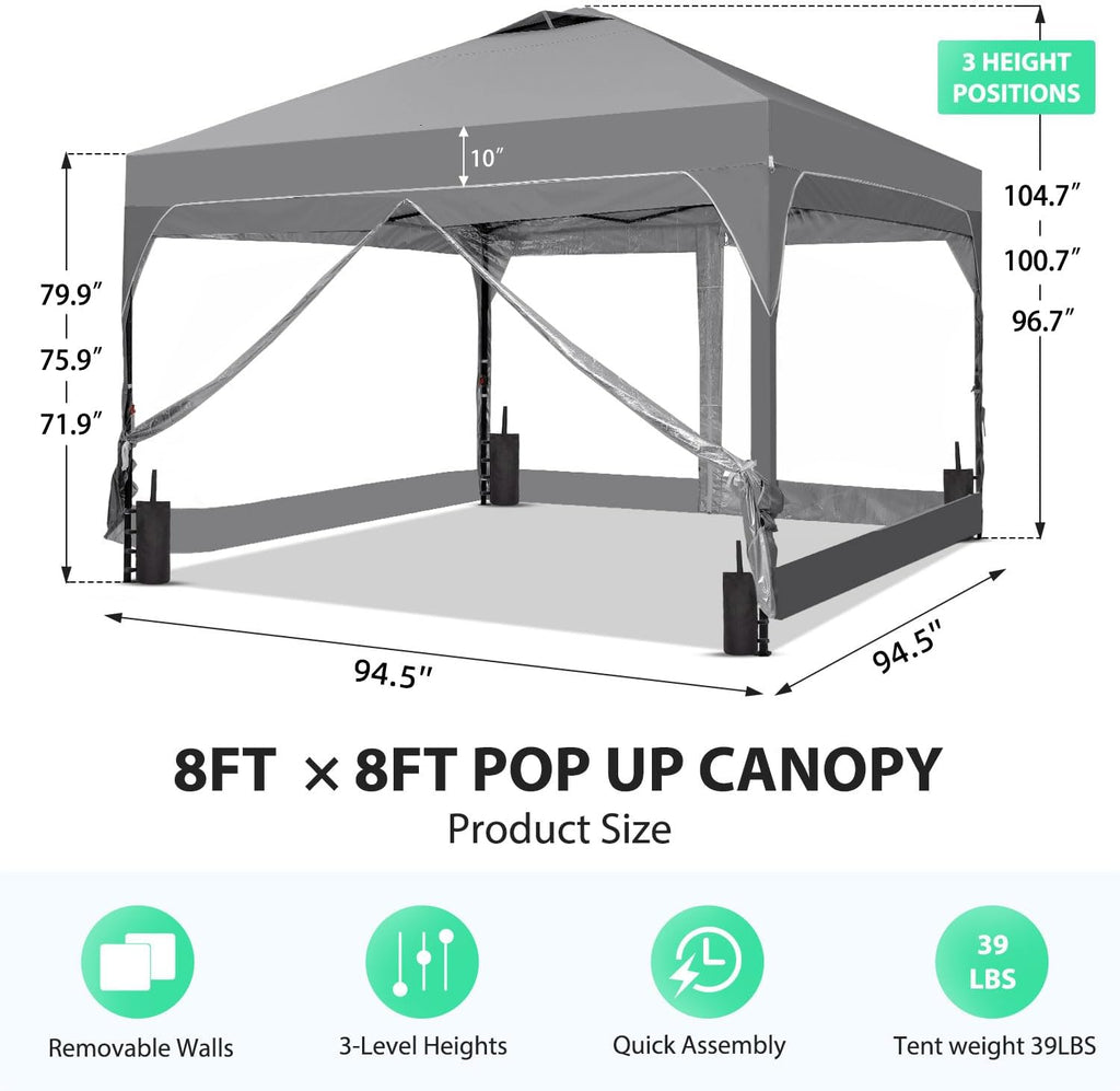 8x8 FT 1-Button Push Pop Up Canopy with 4 Clear PVC Sidewalls, Sandbags, Instant Canopy Tent for Outdoor Events