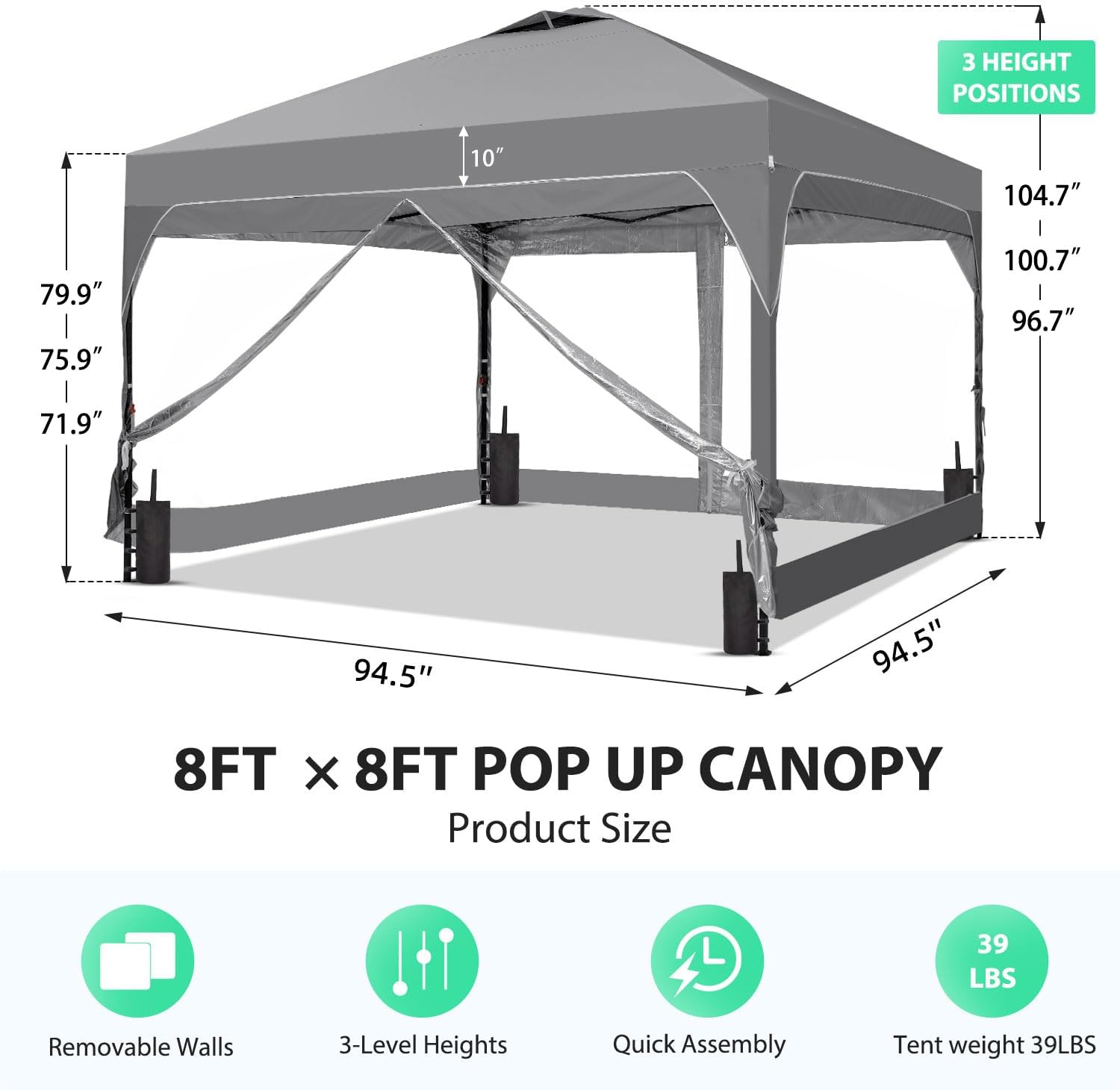 8x8 FT 1-Button Push Pop Up Canopy with 4 Clear PVC Sidewalls, Sandbags, Instant Canopy Tent for Outdoor Events