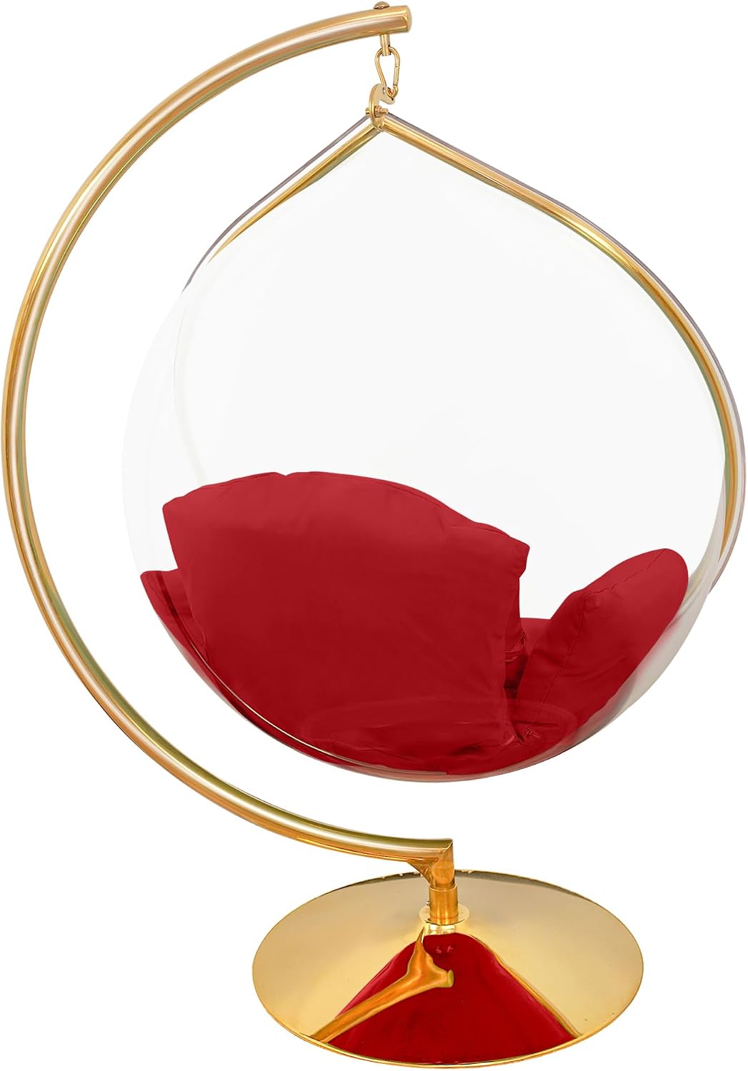 Hanging Chair - Transparent Acrylic Bubble, Waterdrop Shape, Indoor Swing Chair with Gold/Chrome Stand, Durable Fabric Cushion - Luxury Accent for Living Room, Bedroom (Gold/Red)