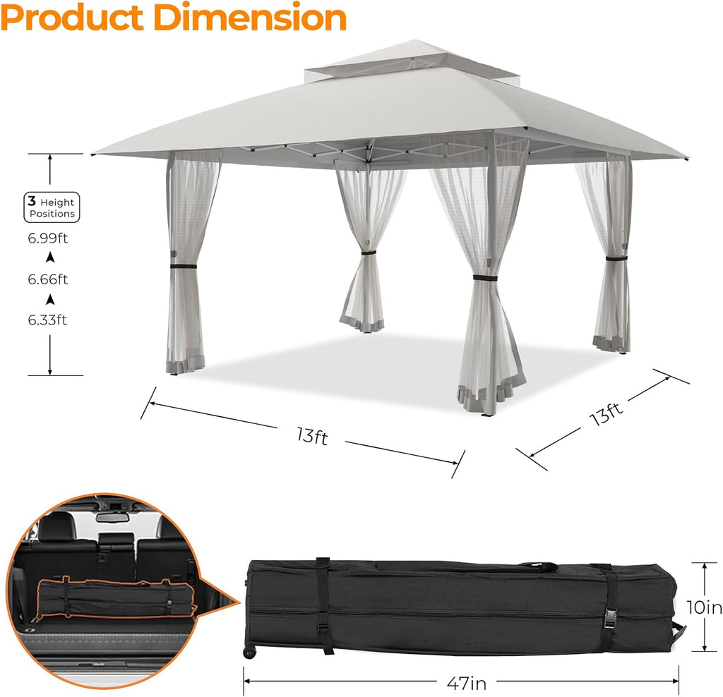 13x13 Pop Up Gazebo Outdoor Canopy Shelter with 4 Sandbags, Instant Patio Gazebo Sun Shade Canopy Tent, Double Tiers & Mesh Netting for Lawn, Garden, Backyard & Deck, Light Grey