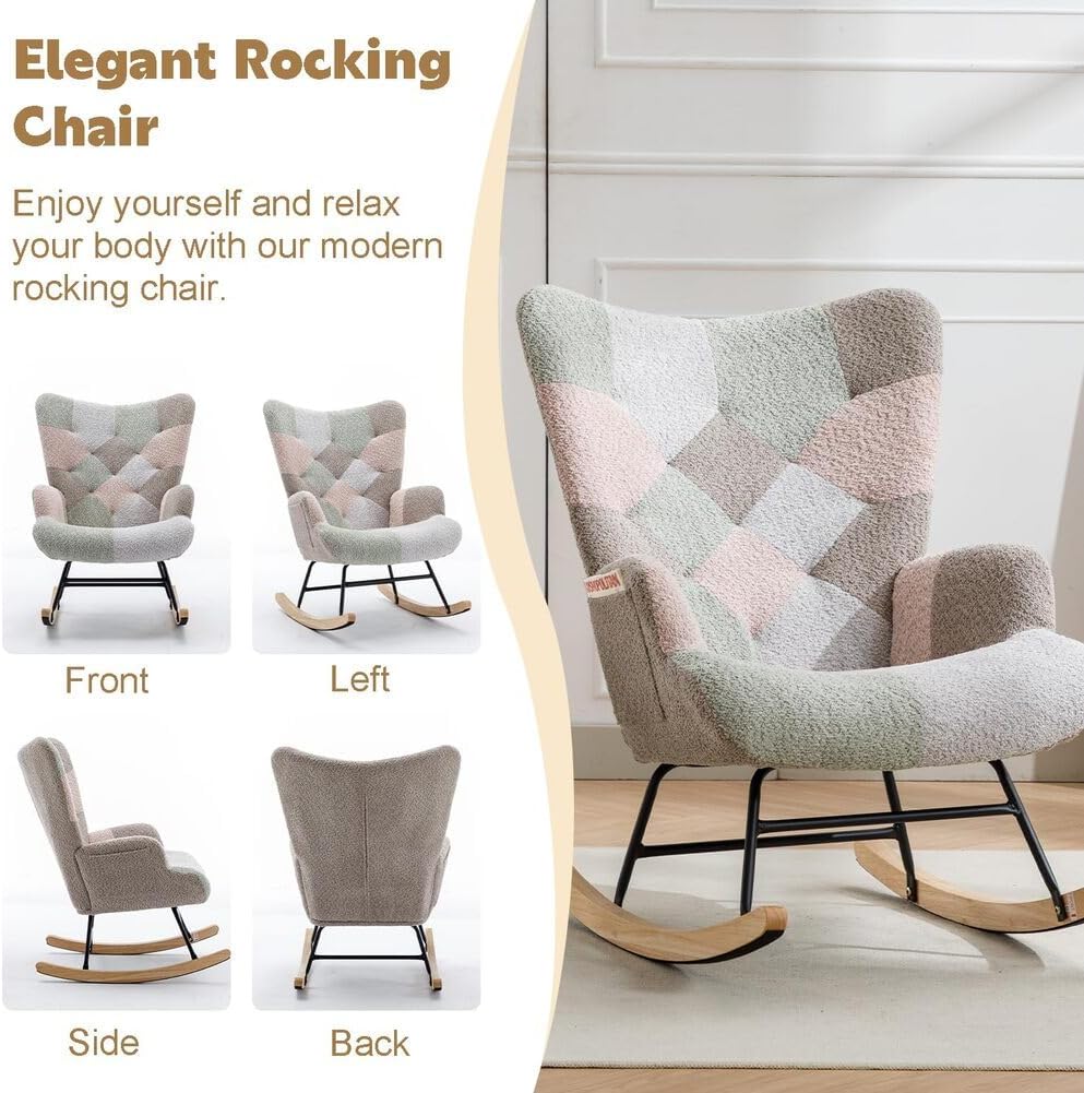 Nursery Rocking Chair Teddy Upholstered Glider Rocker Rocking Accent Chair with High Backrest Armchair Comfy Side Chair for Living Room, Bedroom, Offices (Brouce)