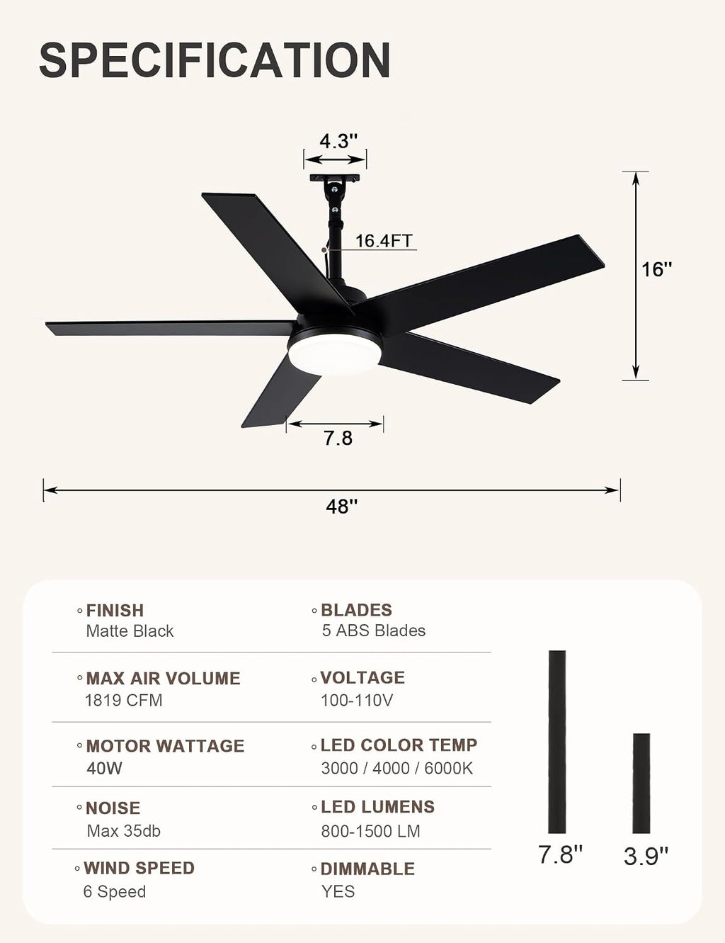 48 Inch Waterproof Outdoor Ceiling Fans with Lights Gazebo Fan for Outside DC Motor 6-Speed Reversible Timer 3 Color Dimmable LED Light Plug-in Ceiling Fan Outdoor Hanging for Patios Porch (32-Black)