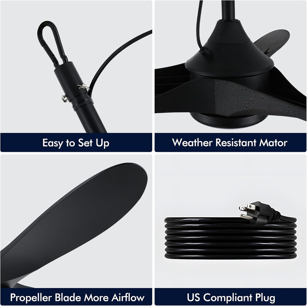 52 inch Outdoor Ceiling Fan with Light Waterproof - Plug in Hanging Hook for Patio, Porch, Gazebo - Wet Rated Weatherproof Exterior Black 3 Blades Ceiling Fan with Remote