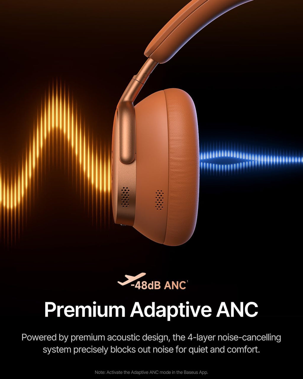 Baseus Inspire XH1 Adaptive Active Noise Cancelling Headphones, Sound by Bose, Dolby Audio, Premium Real-Time Adaptive ANC, Adaptive Tuning Rich Sound, Hi-Res Audio, 100H Playtime - Sunset Coral