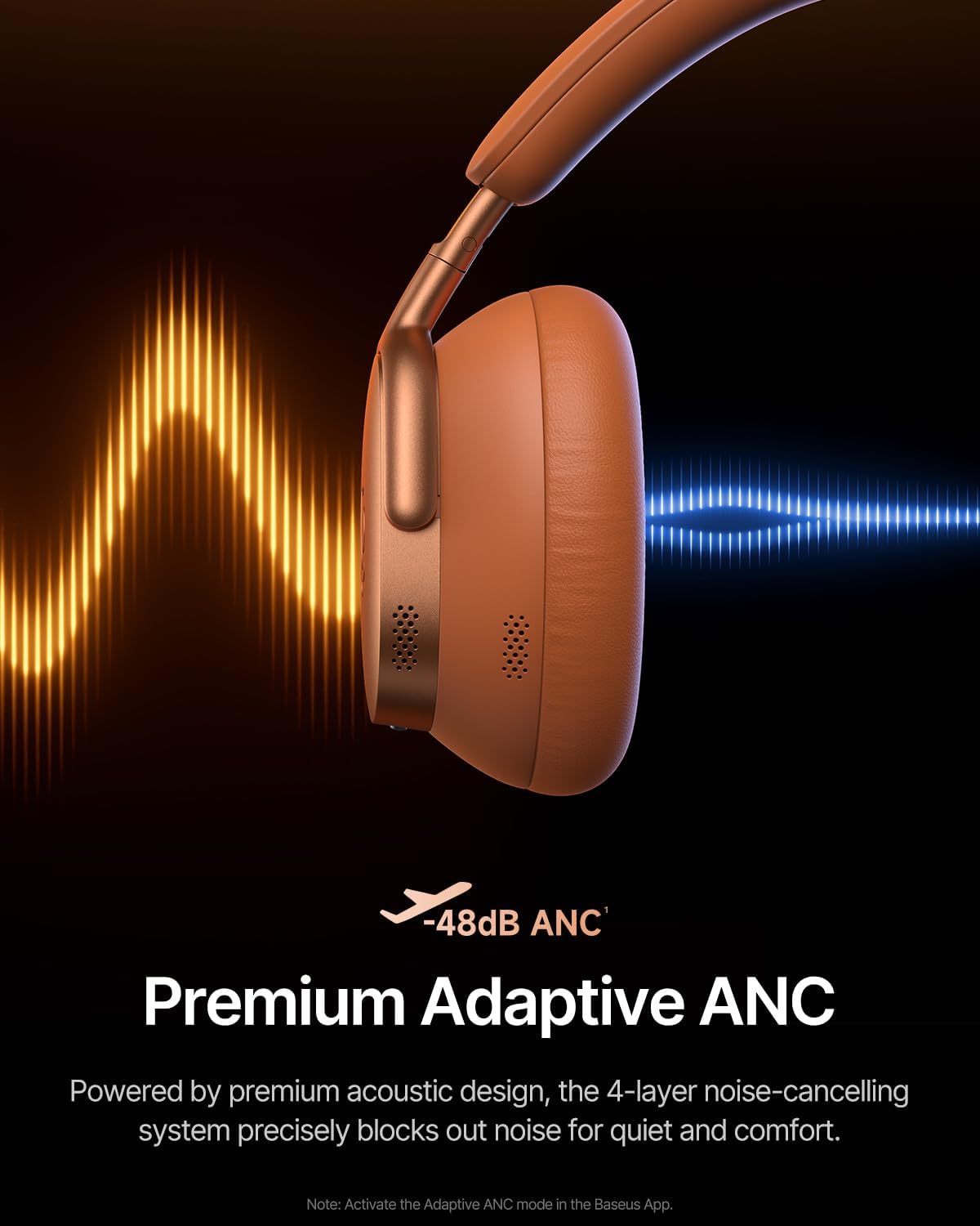Baseus Inspire XH1 Adaptive Active Noise Cancelling Headphones, Sound by Bose, Dolby Audio, Premium Real-Time Adaptive ANC, Adaptive Tuning Rich Sound, Hi-Res Audio, 100H Playtime - Sunset Coral