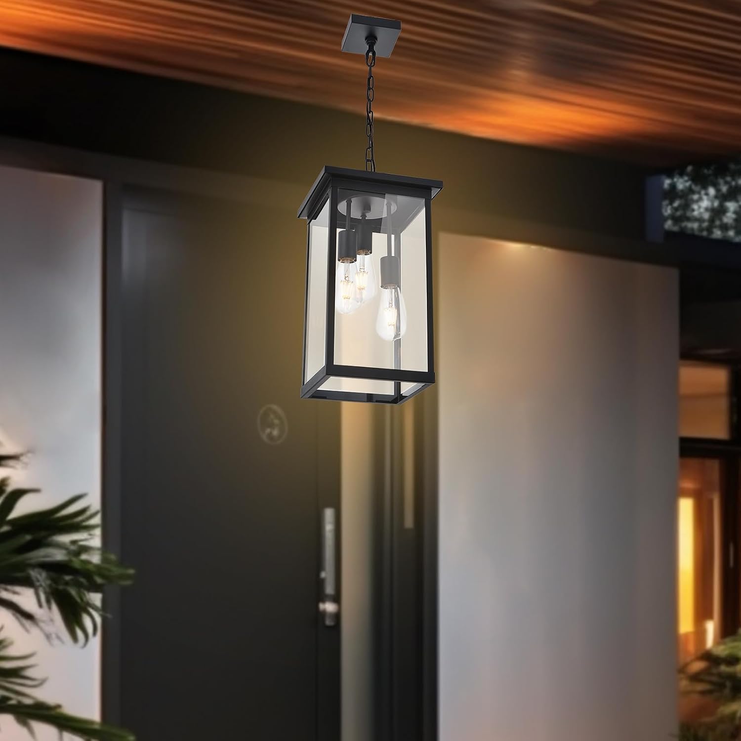 Yaohong 17'' Large Outdoor Pendant Light, 3-Lights Matte Black Exterior Hanging Lantern with Clear Glass, Outdoor Chandelier Ceiling Light Fixture for Porch, Patio, Gazebo, Entryway