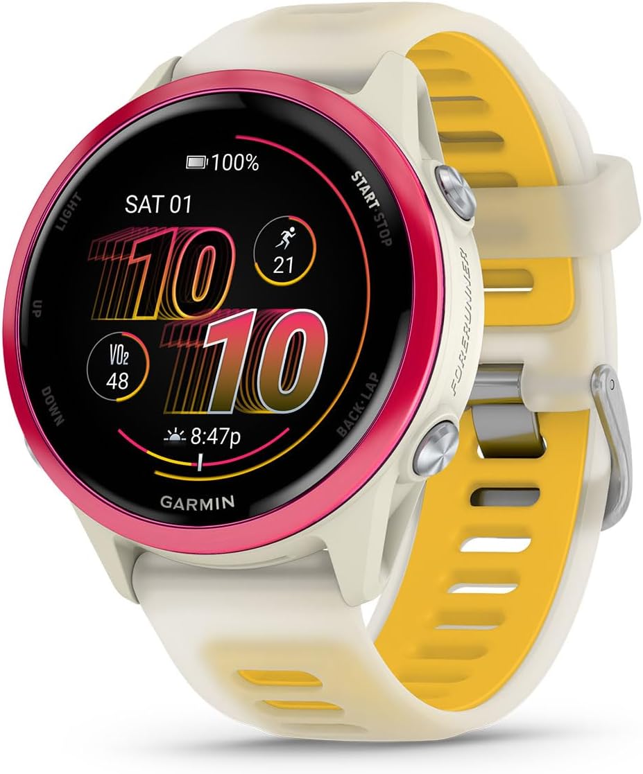 Garmin Forerunner 570 (42 mm, Raspberry/Translucent Bone/Mango) Running GPS Smartwatch - AMOLED Display, Training - Gift Box Bundle with PlayBetter HD Screen Protectors, Wall Adapter & Case