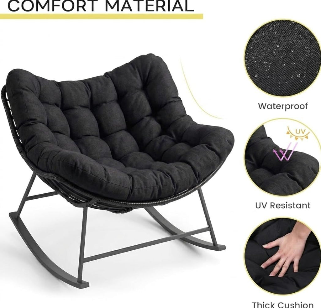 Kromax Oversized Outdoor Papasan Rocking Chair Set of 2, Wicker Egg Chair Rocker for Outside, Comfy Patio Rocker, Large Indoor Rocking Recliner, Modern Egg Style, Black