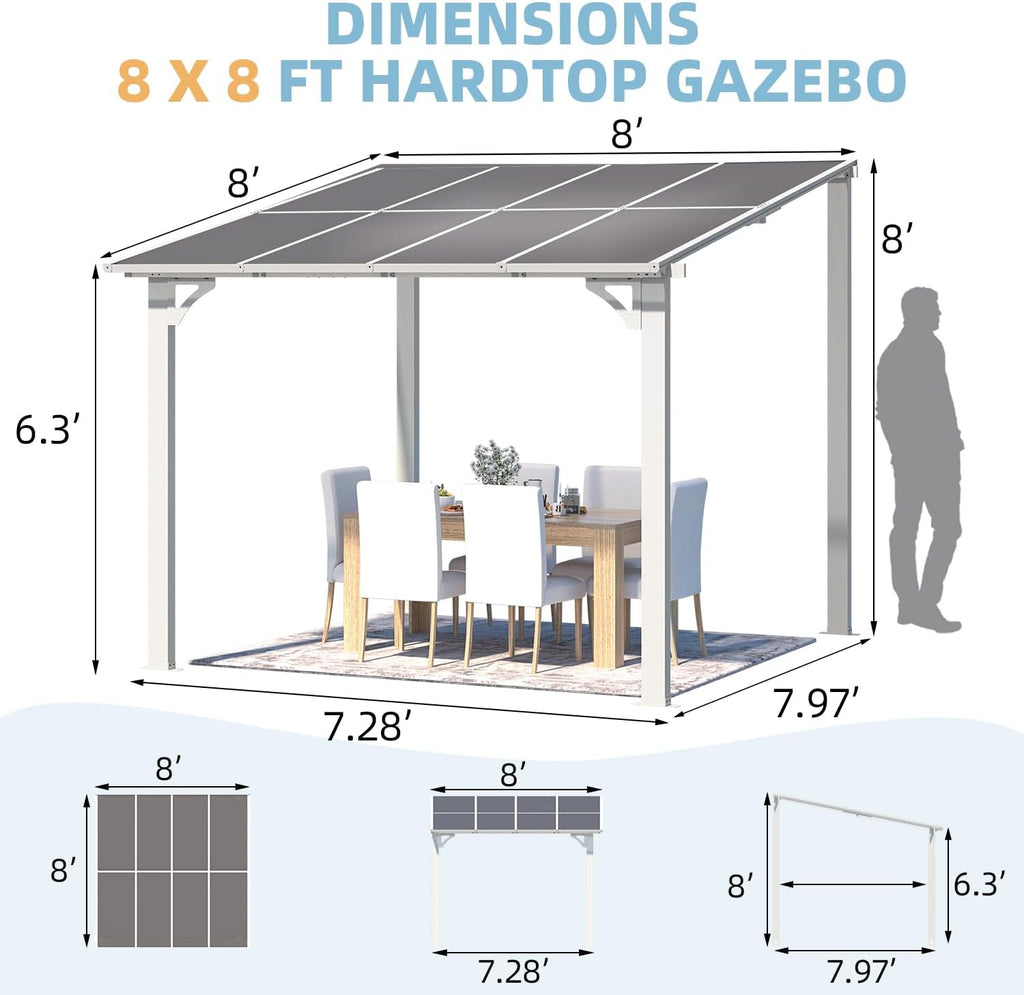 AECOJOY 8' x 8' White Gazebo Outdoor Pergola for Patio, Small Wall-Mounted Hard Top Lean to Metal Gazebo Shelter Pergolas and Gazebos Clearance with Patio Roof, Heavy Duty Awnings for Backyard