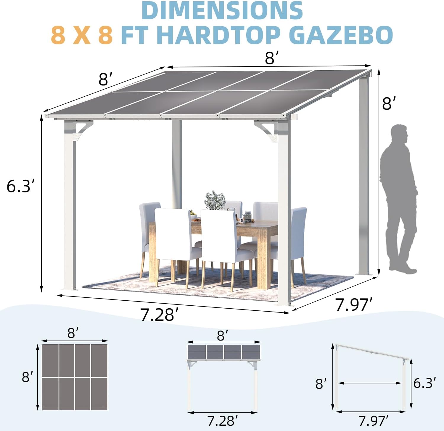 AECOJOY 8' x 8' White Gazebo Outdoor Pergola for Patio, Small Wall-Mounted Hard Top Lean to Metal Gazebo Shelter Pergolas and Gazebos Clearance with Patio Roof, Heavy Duty Awnings for Backyard