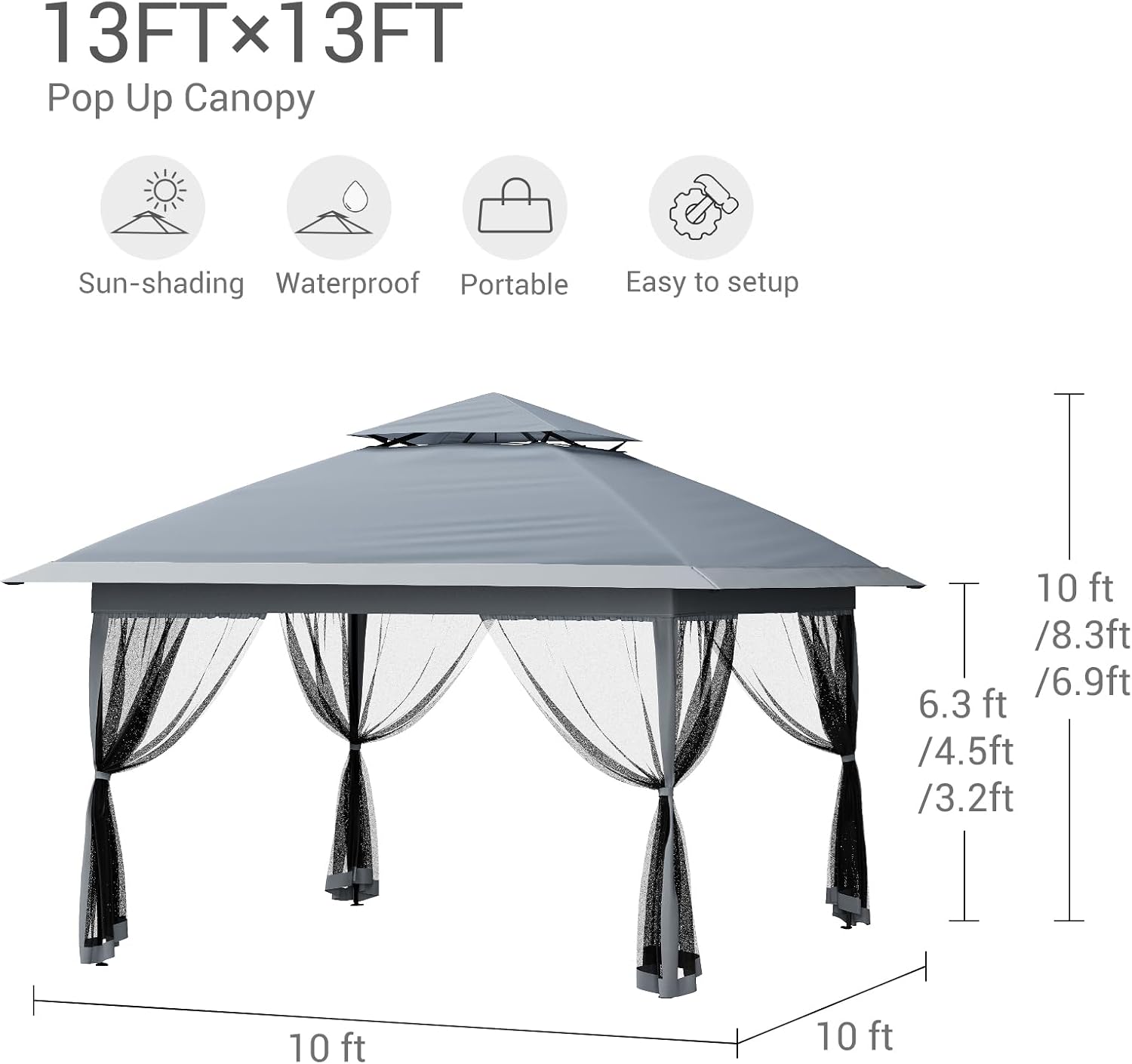 Pop-Up Gazebo, 13 x 13 ft Canopy Tent, Patio Canopy Shelter, Instant Easy Set Up, Waterproof and UV-Resistant Proof, 4 Mosquito Mesh Nettings, Adjustable Height, Wheeled Carring Bag, Backyard Gazebos