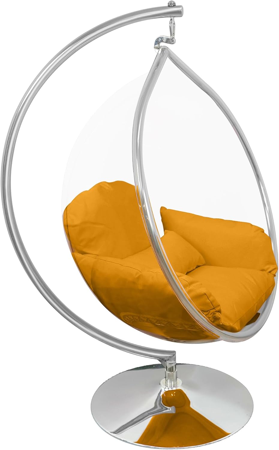 Hanging Chair - Transparent Acrylic Bubble, Waterdrop Shape, Indoor Swing Chair with Gold/Chrome Stand, Durable Fabric Cushion - Luxury Accent for Living Room, Bedroom (Chrome/Yellow)