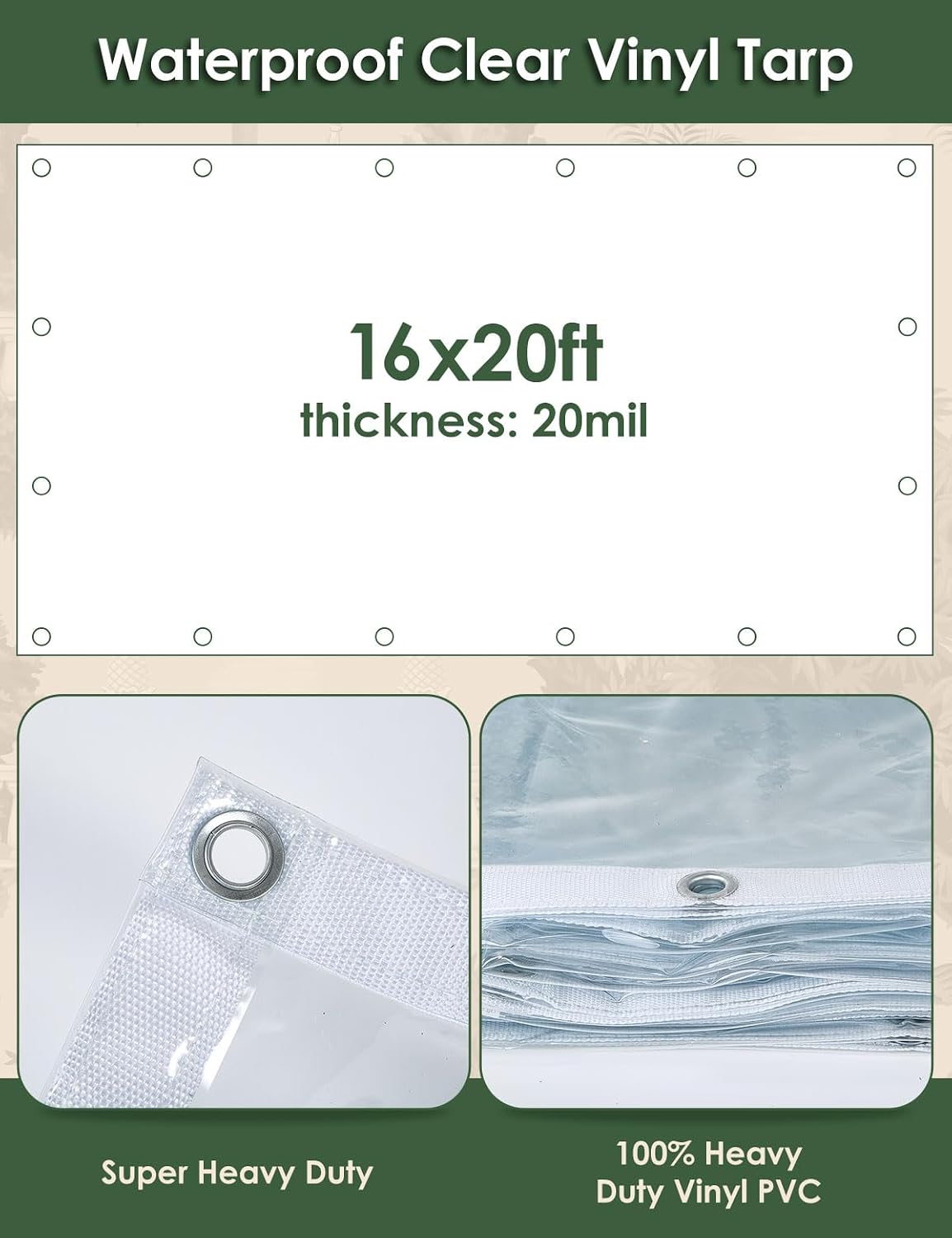 20 Mil Heavy Duty Clear PVC Tarpaulins 16 x 20 FT, Waterproof Wind-Proof Transparent Vinyl Tarp for Patio Pergola Garden Canopy Rainproof Anti-Tear PVC Thick Cover with Grommets (16 x 20 FT)