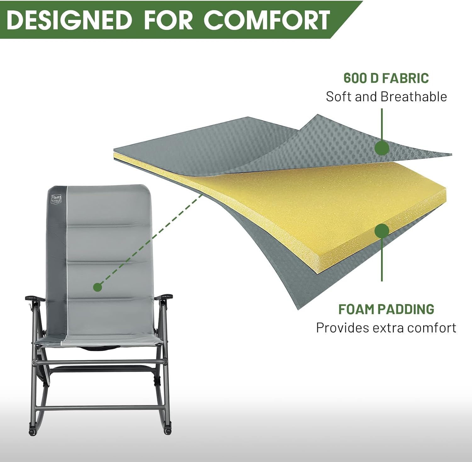 Timber Ridge Oversized Folding Rocking Camping Chair, Padded Outdoor Rocker with High Back, Portable Outdoor Chair for Patio, Garden, Lawn, Supports up to 400 lbs, Gray