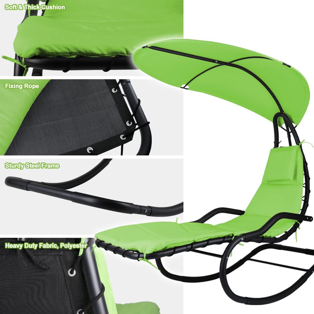 Outdoor Hammock Rocking Chaise Lounge Swing Chair, with Stand and Canopy, Porch Swing w/Soft Cushion Removable Headrest, Outdoor Recliner Rocking Chair for Garden Backyard Poolside (Green)