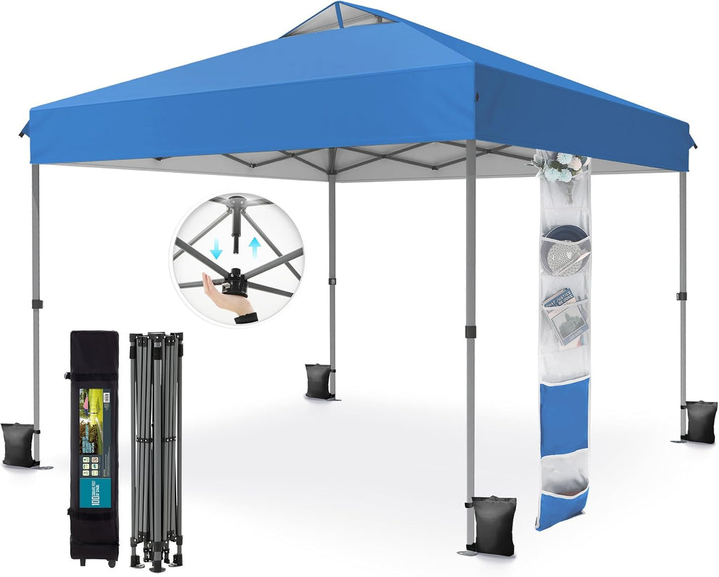 PHI VILLA 10x10 Pop Up Canopy Tent - One Push Setup, Instant Shade Tent with Vented Roof for Beach & Events - Includes Storage Bag, Sandbags, Stakes & Ropes (Blue)