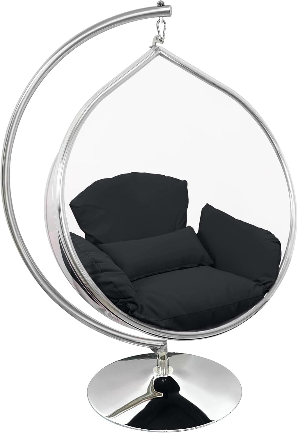 Hanging Chair - Transparent Acrylic Bubble, Waterdrop Shape, Indoor Swing Chair with Gold/Chrome Stand, Durable Fabric Cushion - Luxury Accent for Living Room, Bedroom (Chrome/Black)