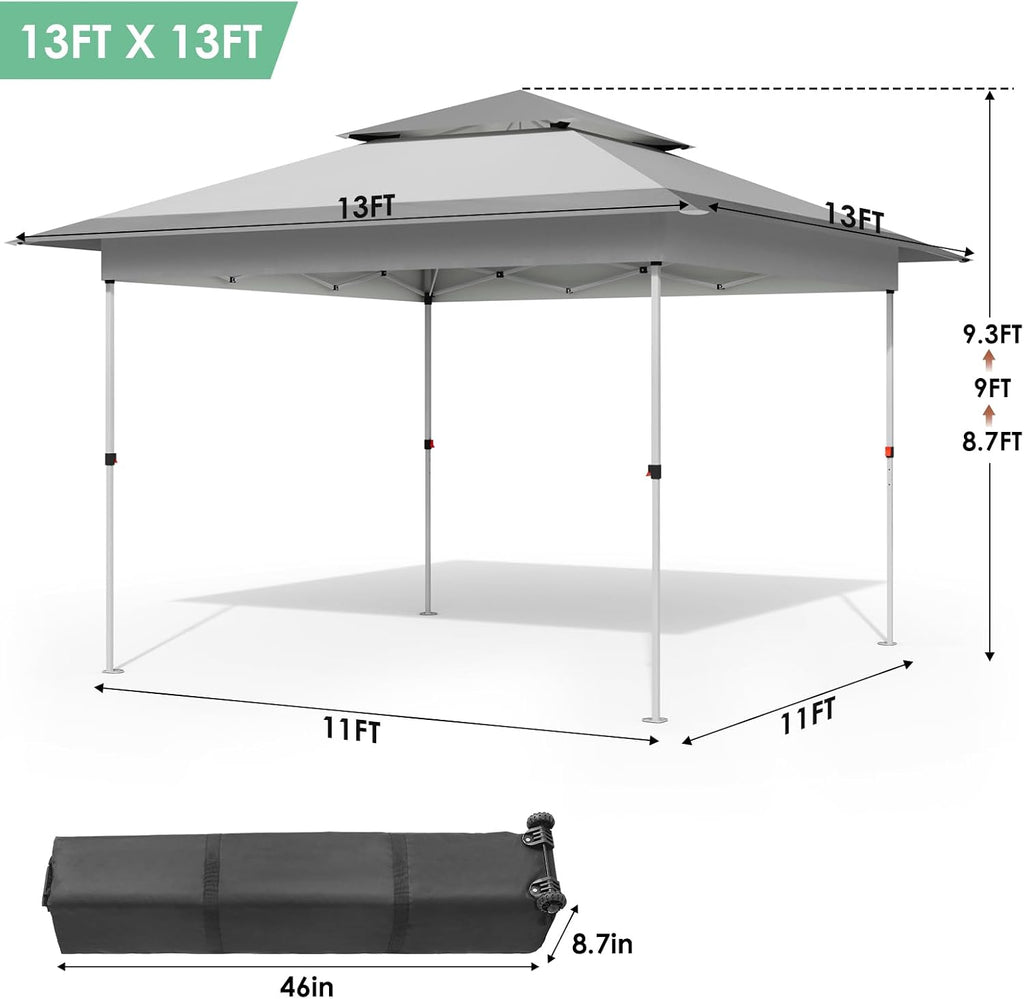 TLSUNNY 13X13 Pop Up Canopy Tent, Camping Shader W/Overhanging Eaves & Sand Bag, Outdoor Gazebo Shelter W/One Push Setup & Wheeled Bag, Height Adjustable, for Patio, Market, Party (Grey, 13FTX13FT)