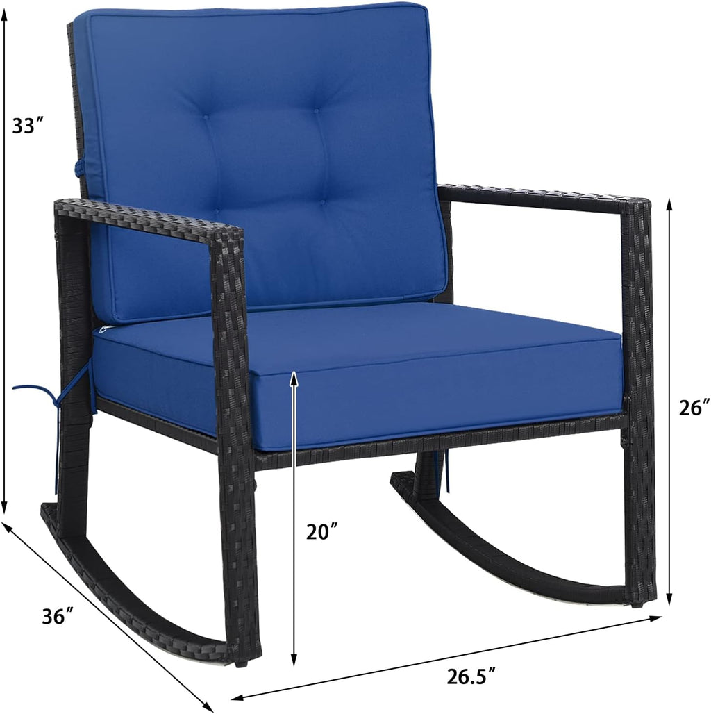 Tangkula Wicker Rocking Chair, Outdoor Glider Rattan Rocker Chair with Heavy-Duty Steel Frame, Patio Wicker Furniture Seat with 5' Thick Cushion for Garden, Porch, Backyard, Poolside (1, Blue)