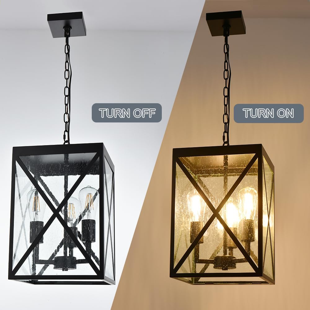 TODOLUZ Large Outdoor Pendant Light, Black Exterior Ceiling Porch Light with Seeded Glass Panel, Outdoor Chandelier Hanging Lantern for Garage Entryway Patio Front Door