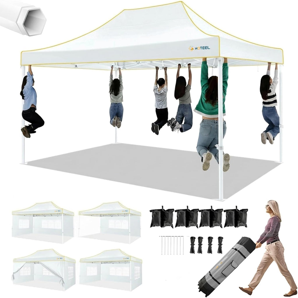 HOTEEL 10x15 Heavy Duty Pop up Canopy Tent for Parties with 4 Sidewalls, Easy Setup Outdoor Commercial Instant Gazebo for Wedding Event, with Roller Bag & Sand Bags, White(Hexagonal Frame)
