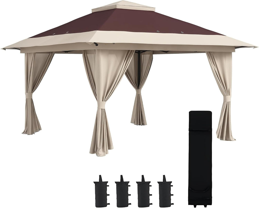 Outsunny 13' x 13' Pop Up Gazebo with Netting, UPF 50+ Instant Canopy Tent Shelter with Water/Sand Bags, Wheeled Carry Bag, for Outdoor, Garden, Parties, Brown