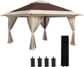 Outsunny 13' x 13' Pop Up Gazebo with Netting, UPF 50+ Instant Canopy Tent Shelter with Water/Sand Bags, Wheeled Carry Bag, for Outdoor, Garden, Parties, Brown