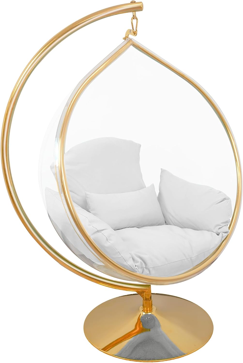 Hanging Chair - Transparent Acrylic Bubble, Waterdrop Shape, Indoor Swing Chair with Gold/Chrome Stand, Durable Fabric Cushion - Luxury Accent for Living Room, Bedroom (Gold/White)