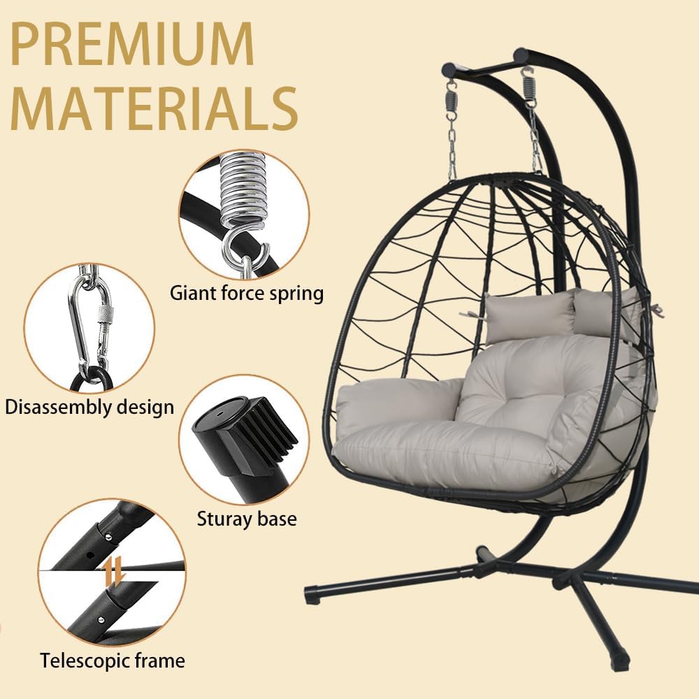 Double Egg Chair with Stand Patio Love Seats Chair w/Cushion Outdoor Waterproof Hanging Swing Wicker Rattan Basket (Gray)