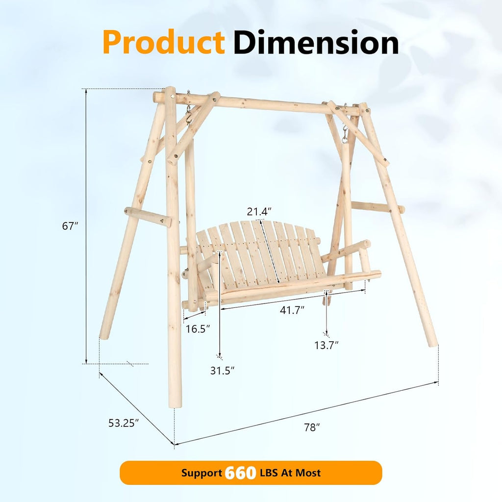 VINGLI Heavy Duty 880 LBS Wooden Patio Porch Swing with A-Frame Stand, Hanging Swing Bench Chair with Frame for Outside, Yard, Garden (Natural)