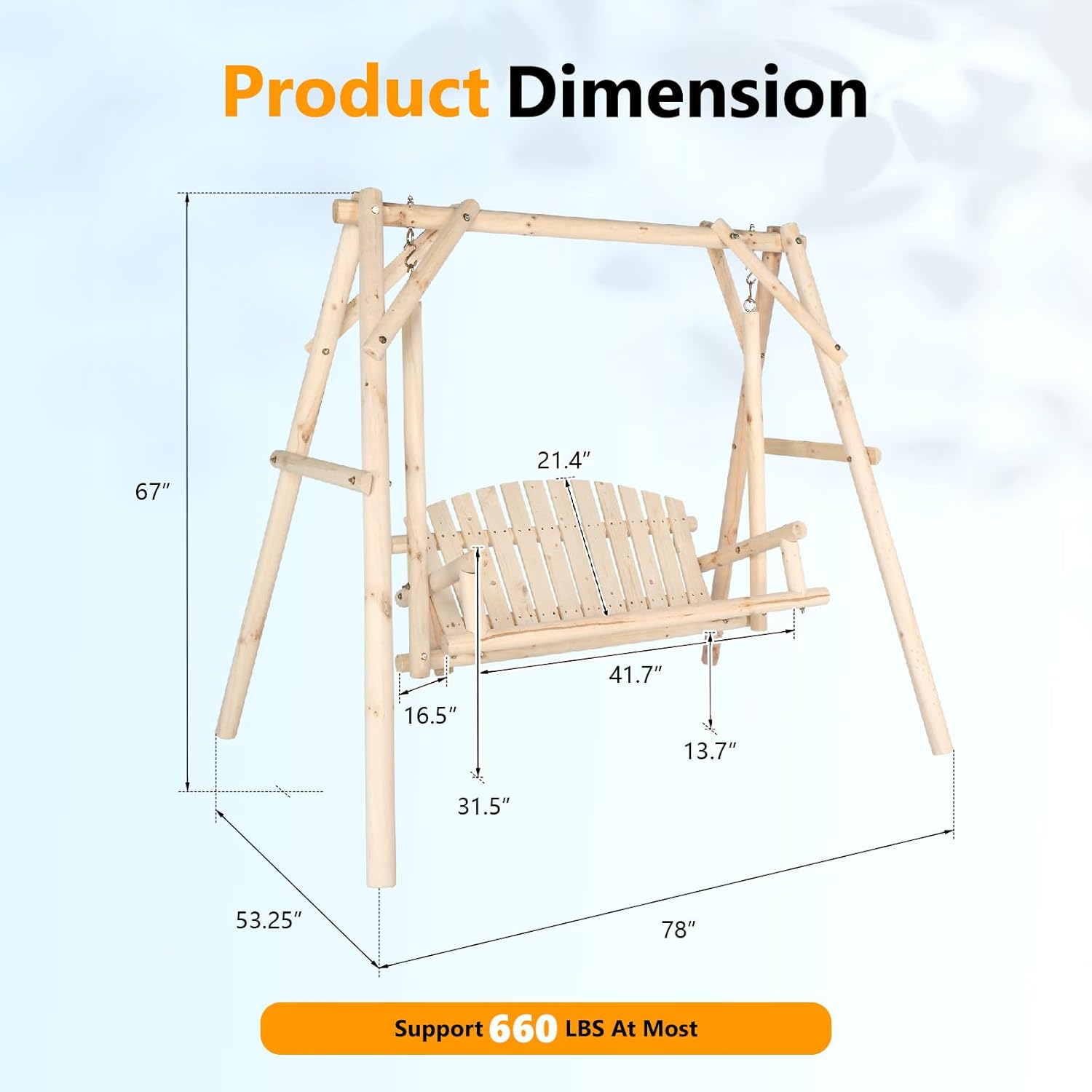 VINGLI Heavy Duty 880 LBS Wooden Patio Porch Swing with A-Frame Stand, Hanging Swing Bench Chair with Frame for Outside, Yard, Garden (Natural)