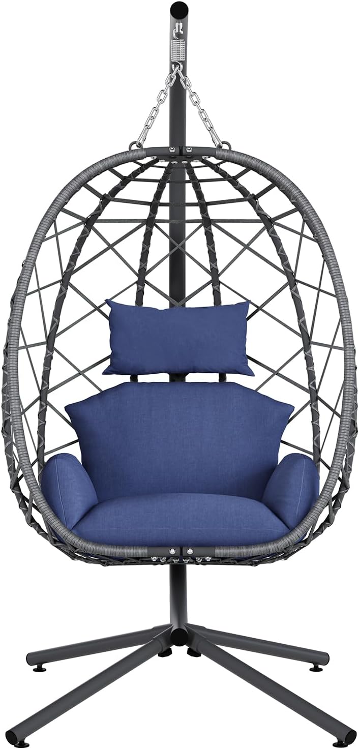SWITTE Hanging Egg Chair with Stand, Outdoor Indoor Rattan Wicker Egg Swing Chair with Cushion, Heavy Duty Patio Hammock Chairs for Garden Backyard Balcony Bedroom, 400LBS Capacity, Dark Blue