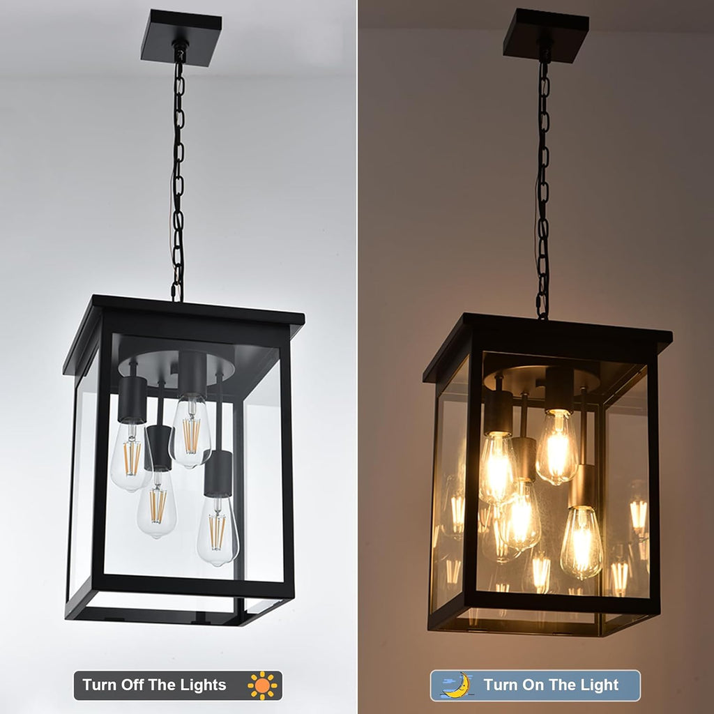 Yaohong Large Outdoor Pendant Lights for Porch, 4-Lights Black Exterior Pendant Light with Clear Glass, Outdoor Porch Light Ceiling Mount Outdoor Hanging Light Fixture for Gazebo, Patio, Entryway