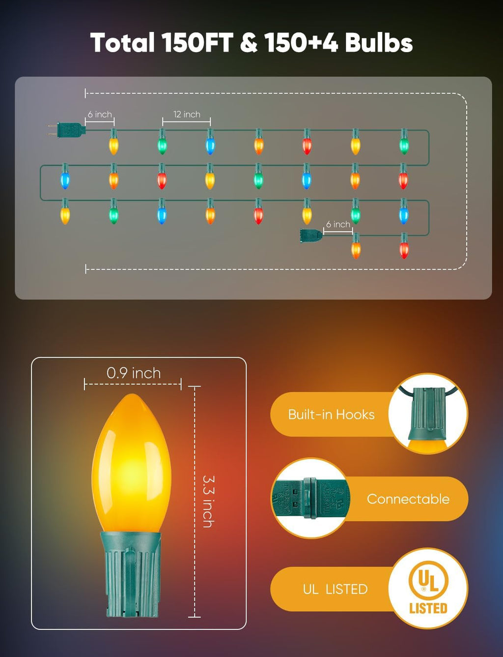 Vintage C9 LED Christmas Lights Outdoor, 150 Feet C9 String Light with 150 Shatterproof Bulbs, Waterproof Connectable Commercial Christmas Tree Lights for Outside Roofline Patio Decor, Multicolor
