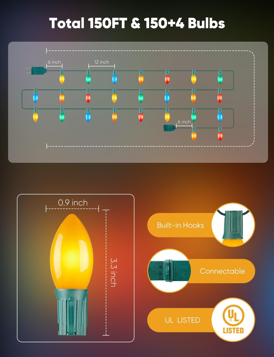 Vintage C9 LED Christmas Lights Outdoor, 150 Feet C9 String Light with 150 Shatterproof Bulbs, Waterproof Connectable Commercial Christmas Tree Lights for Outside Roofline Patio Decor, Multicolor