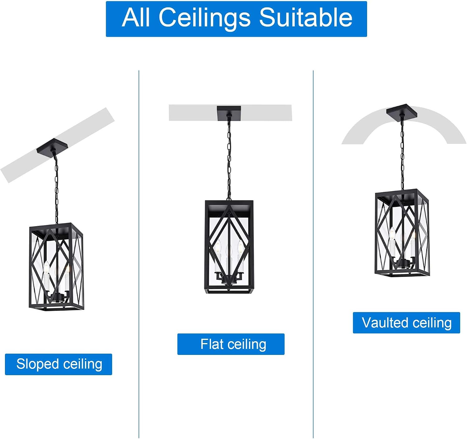 3 Light Outdoor Pendant Lights for Porch, 15.7'' Waterproof Exterior Hanging Porch Lights Ceiling Mount Outdoor Chandelier with Clear Glass for Front Porch Gazebo Patio, White Socket