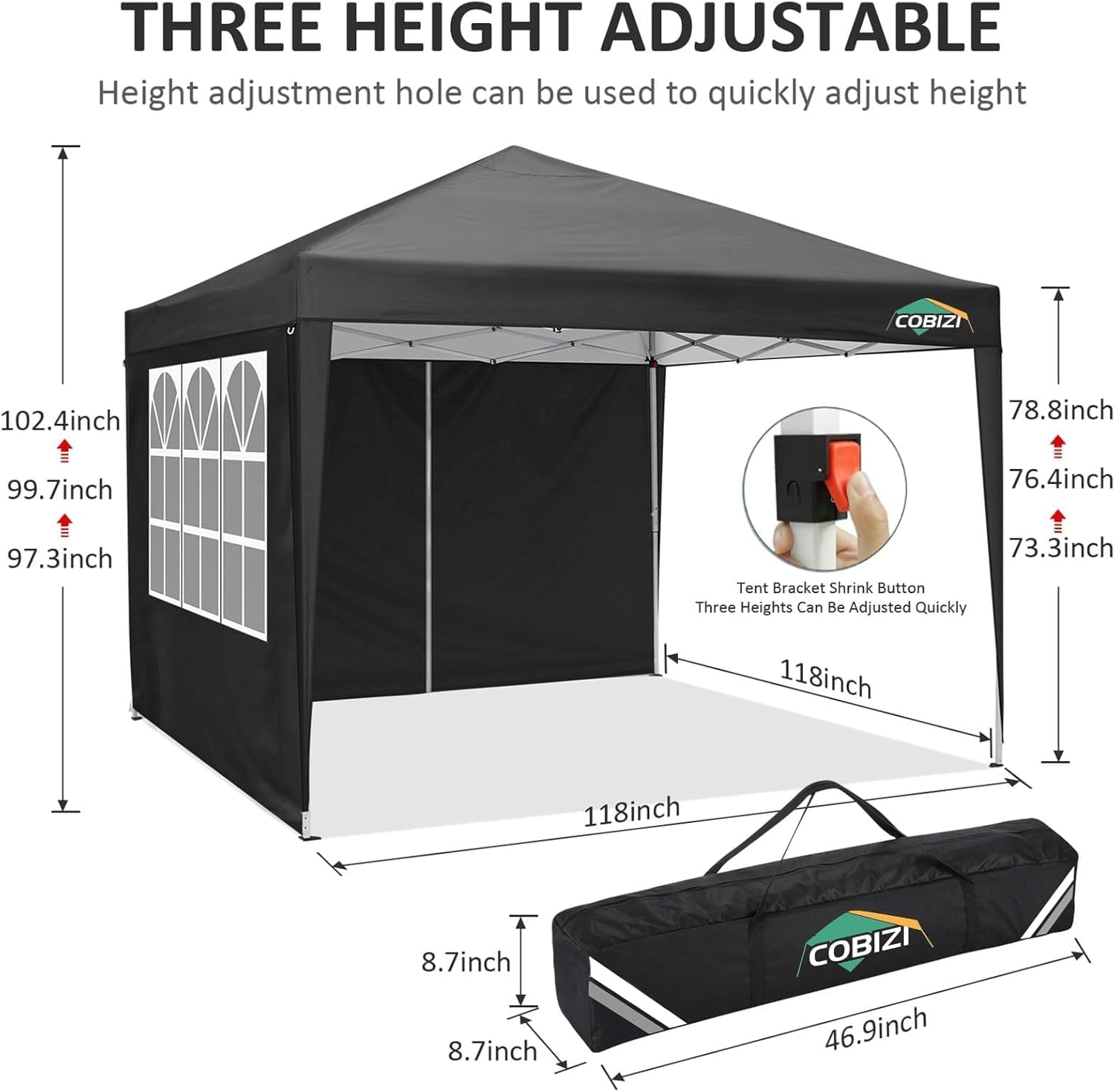 COBIZI 10x10 Pop Up Canopy Tent with 4 Removable Sidewalls, Waterproof Outdoor Commercial Easy Set Up Gazebo Tent Canopy Tents for Party/Exhibition/Picnic with Carry Bag,8 Stakes & 4 Ropes (Black.